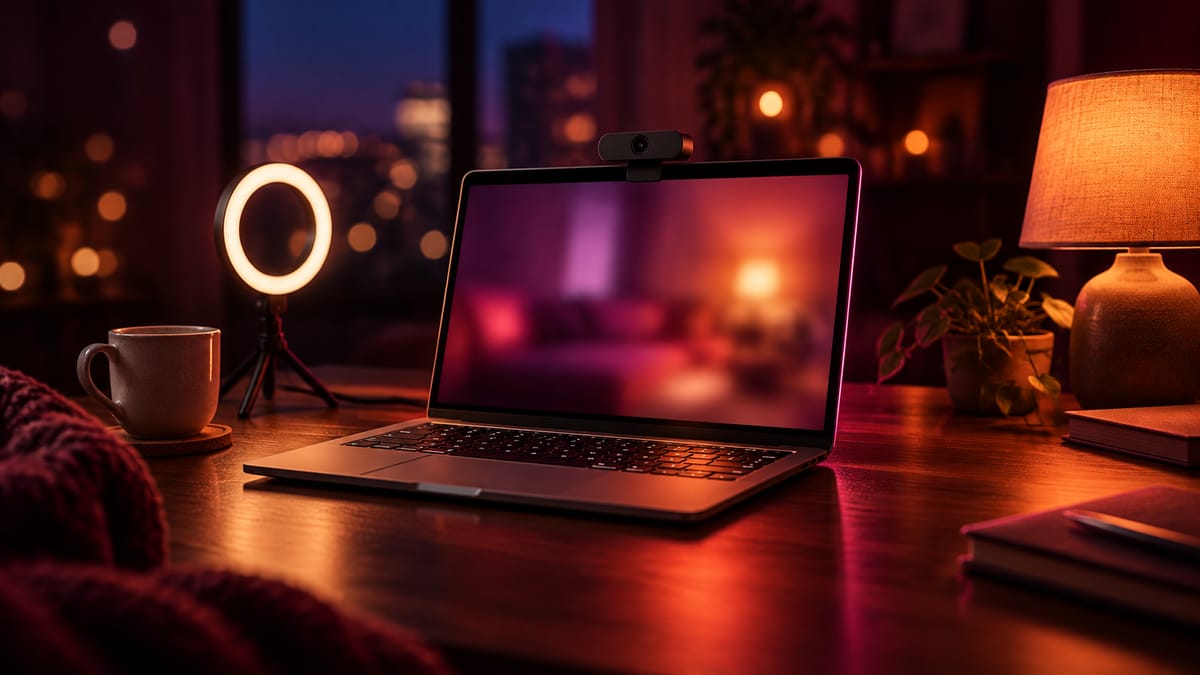 Laptop with webcam and ring light ready for a Stripchat cam to cam session