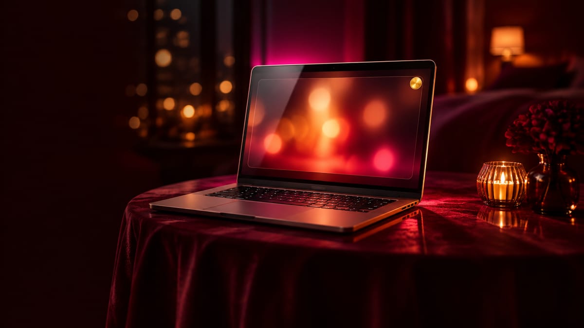 Stripchat private show concept: laptop screen with a live cam window and a token balance icon